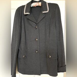 CAbi blazer/cardigan. Gray buttons. Ponte knit contrasting trim collar